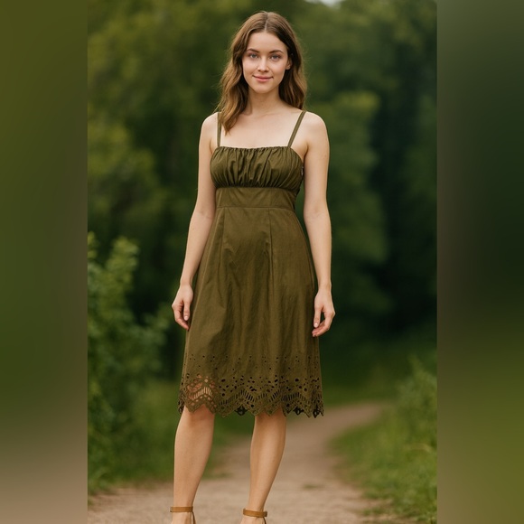 Antonio Melani Olive Green Laser Cut Dress 14 - Picture 1 of 9